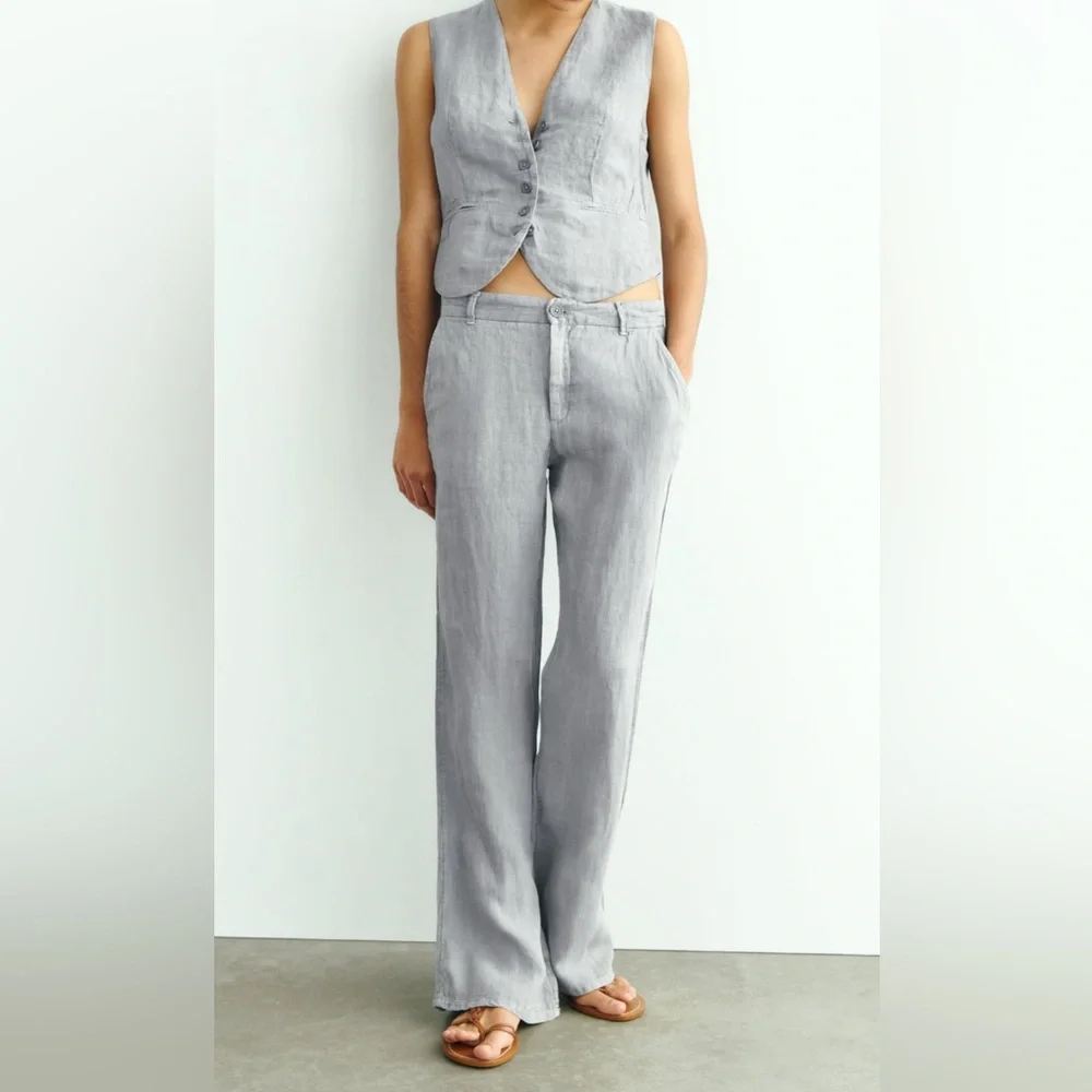 Zara flared linen pants Blue/ grey NWT